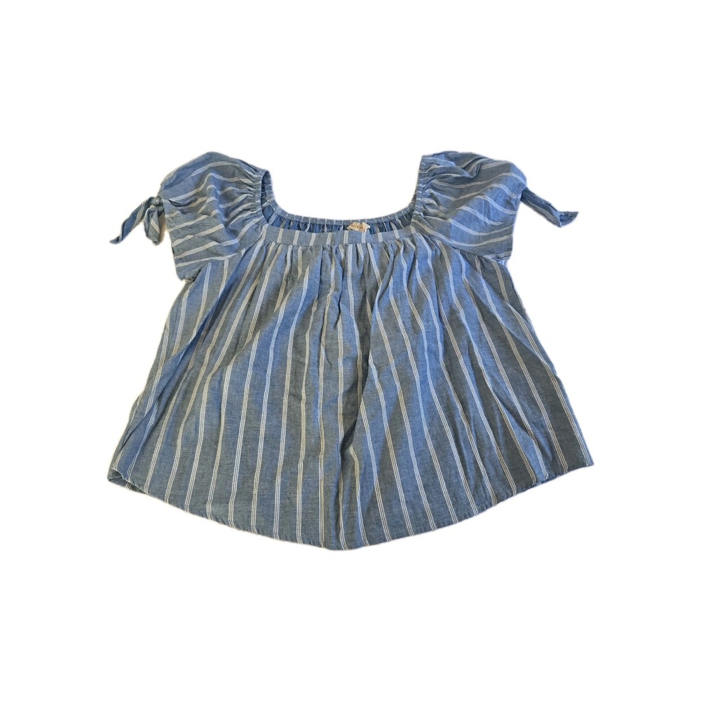 Anthropologie Hem & Thread Puff Tie Sleeve Blue White‎  Pinstripe Small